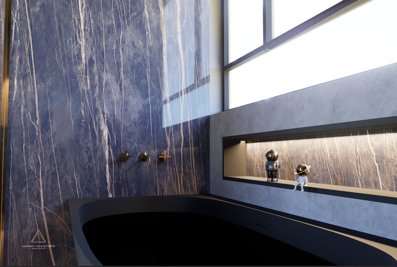 Bagno 2026 - vasca nera con marmo blu