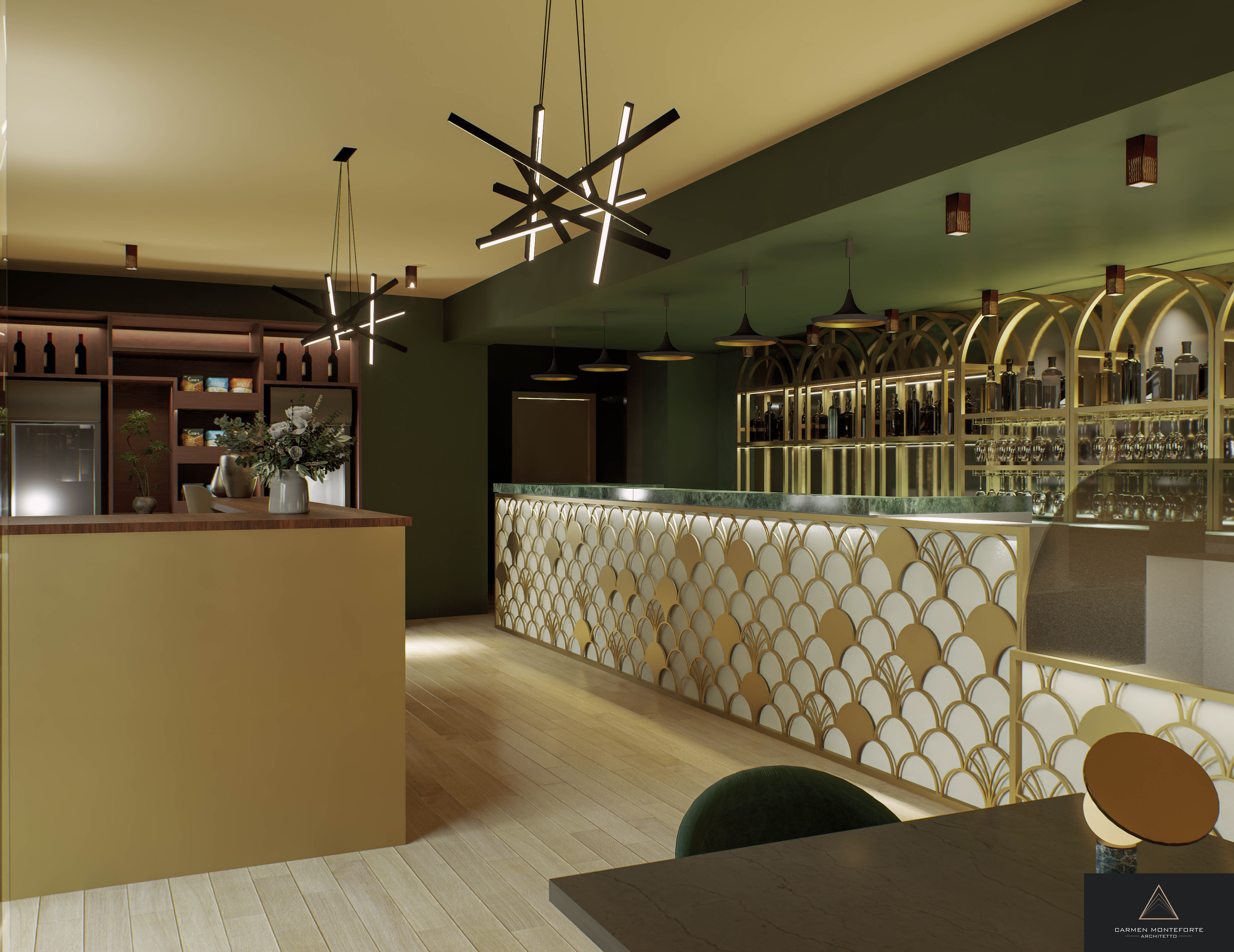 Bahia Vibes - bar con bancone a motivi dorati e cantinetta vini