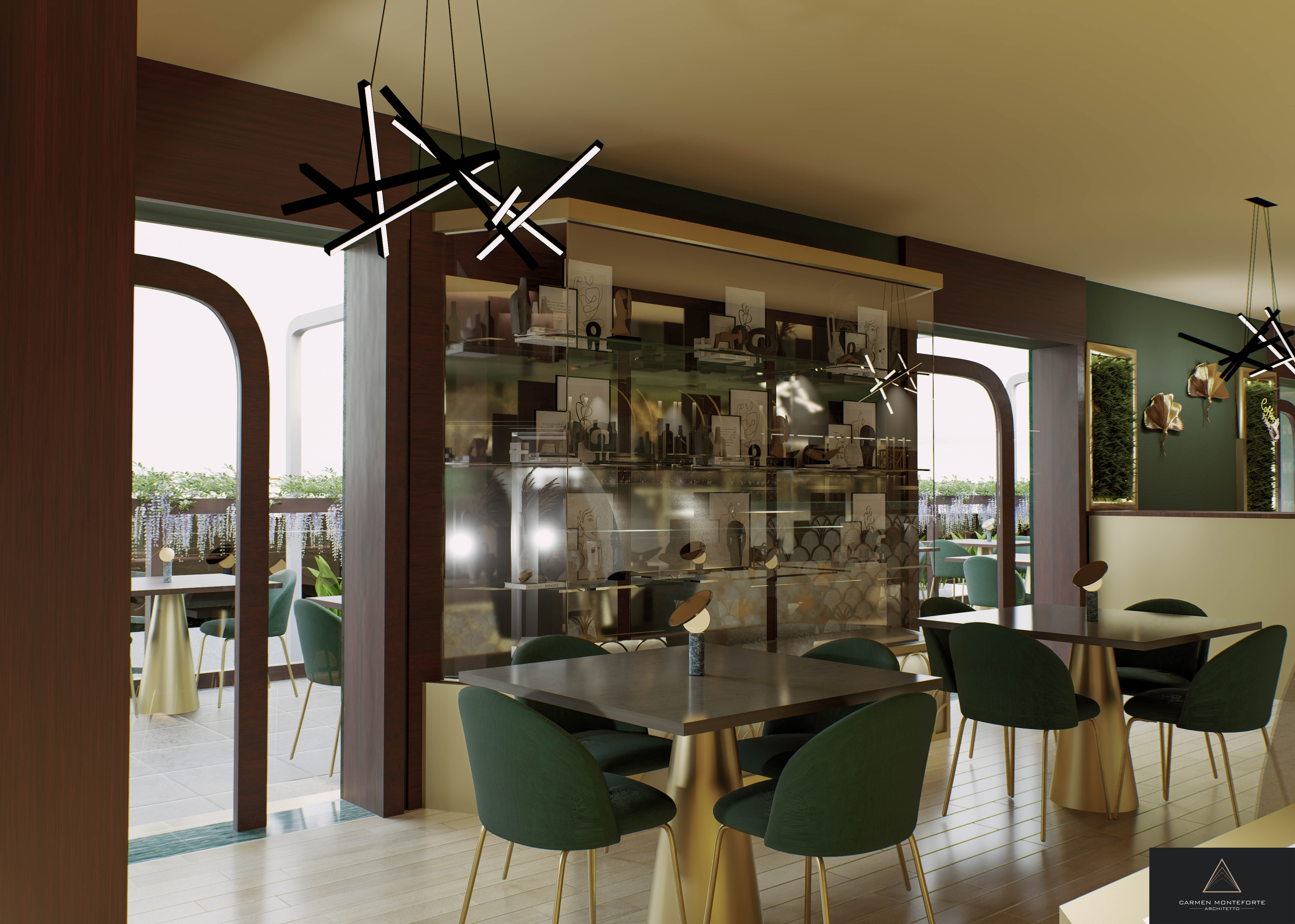 Bahia Vibes - sala principale con sedie verdi e mensole specchiate