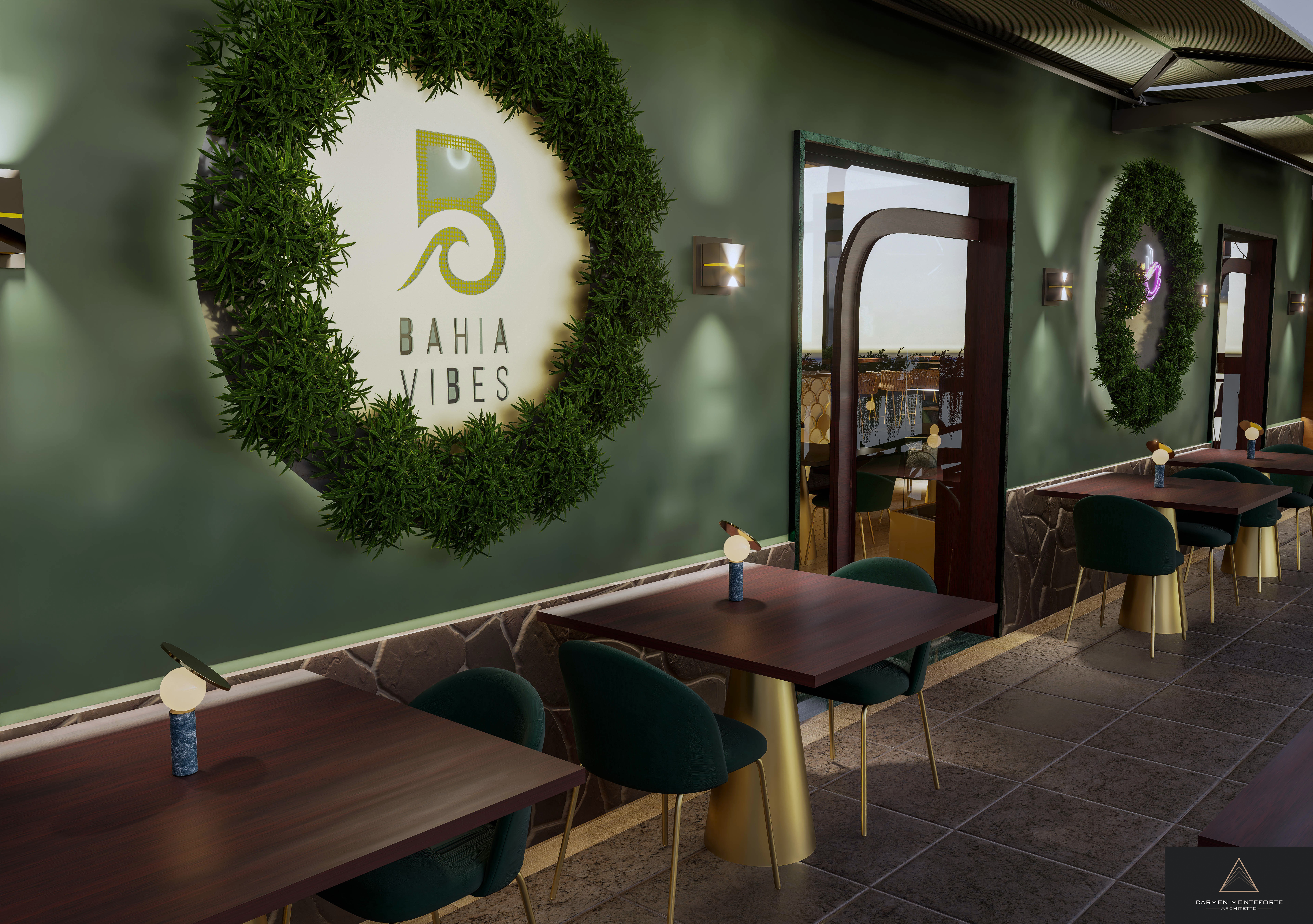 Bahia Vibes - terrazza esterna con corona di verde e logo