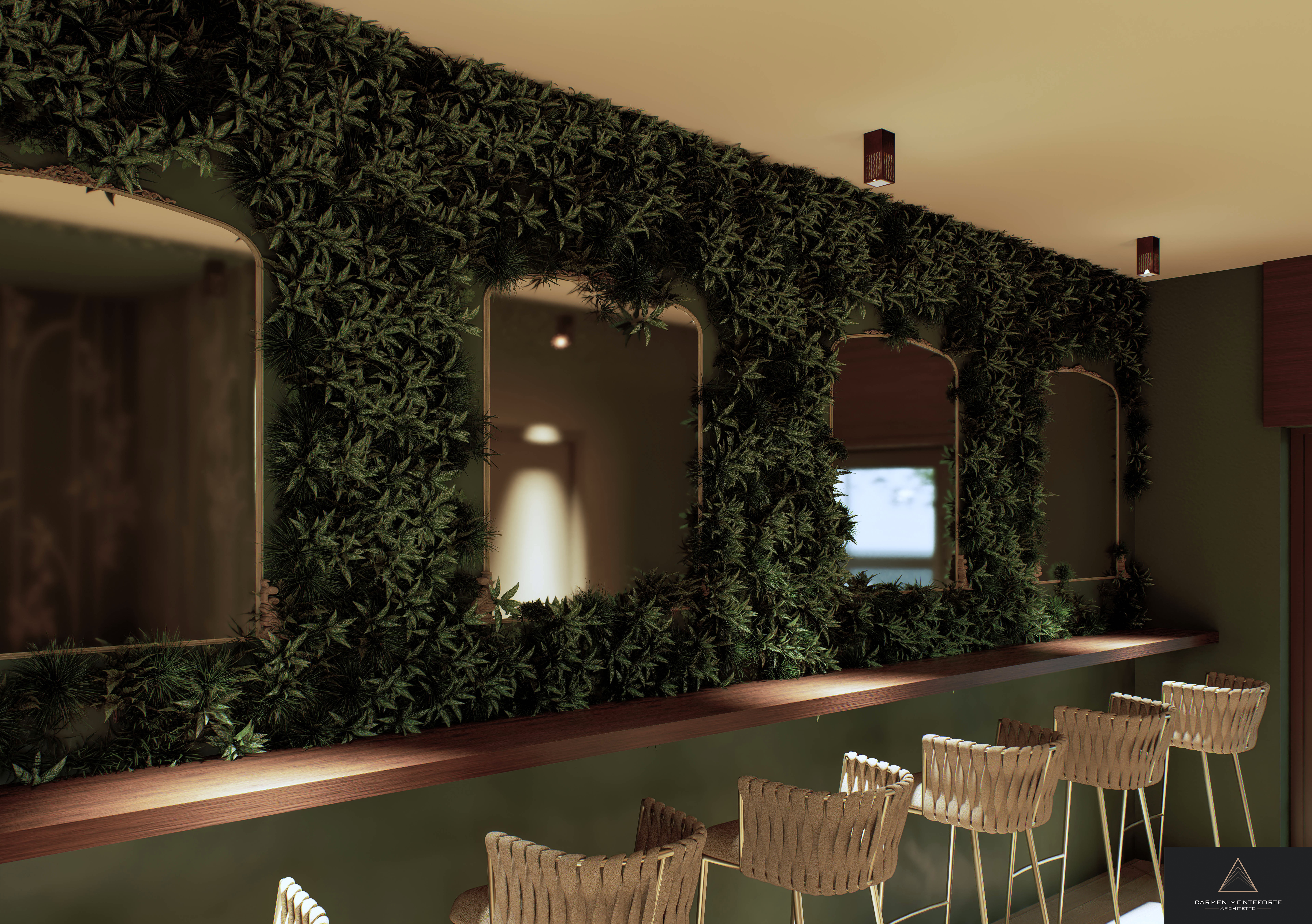 Bahia Vibes - bancone bar con pareti verdi e decorazioni oro