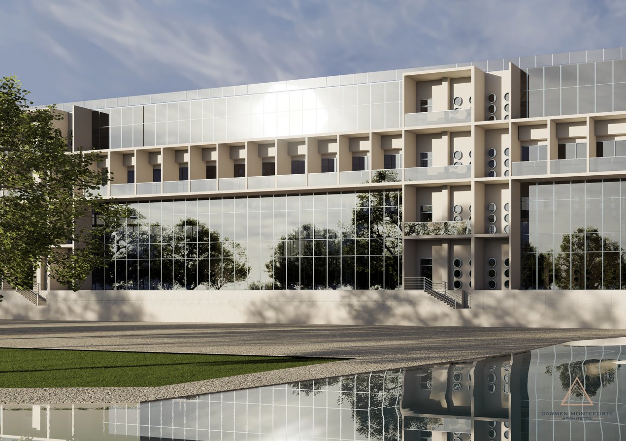 Render edificio misto uffici e camere - vista frontale