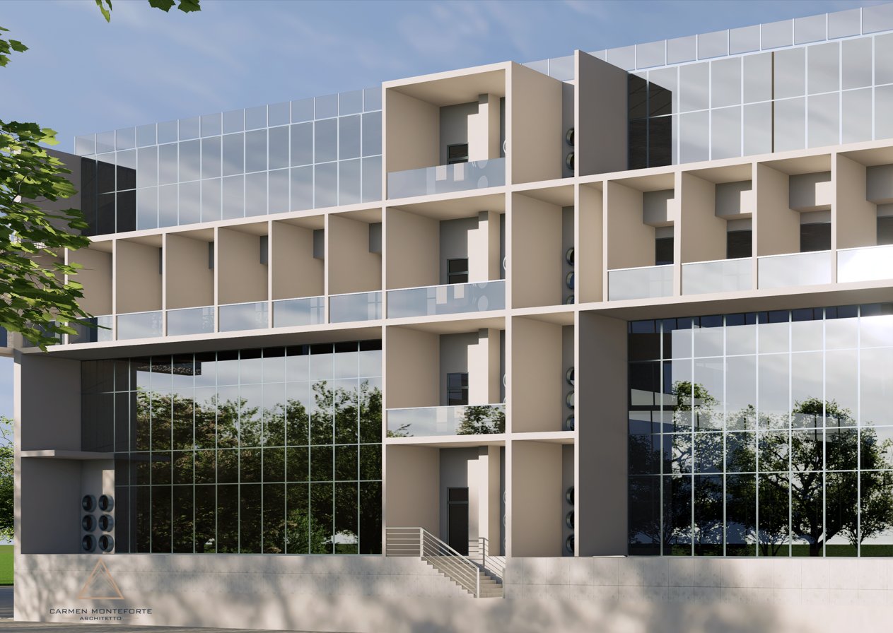 Render edificio misto uffici e camere - vista laterale