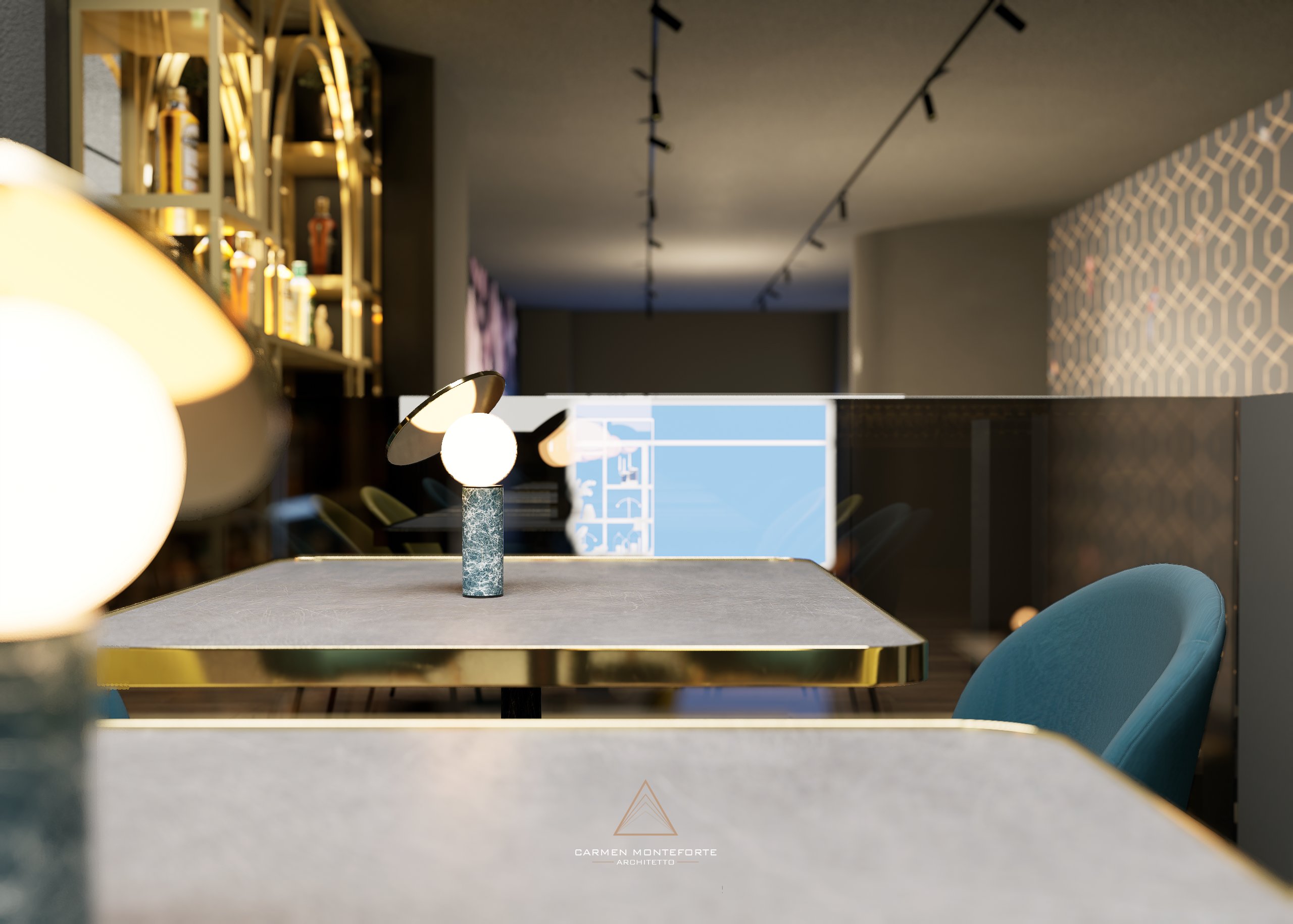 Render locale commerciale - sala con tavoli e sedie teal