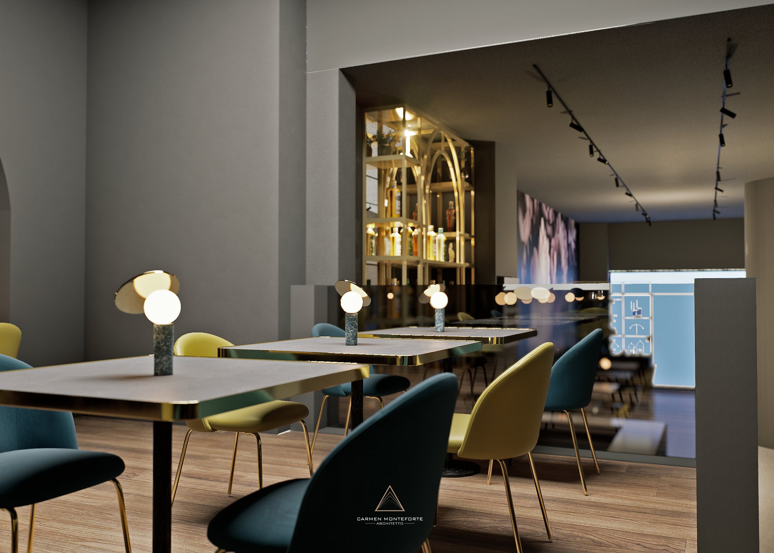 Render locale commerciale - vista sala con bancone dorato
